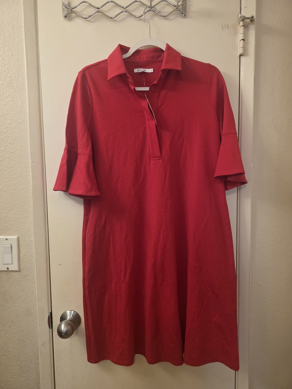 Chico's Red Polo Tunic with Ruffle Sleeves